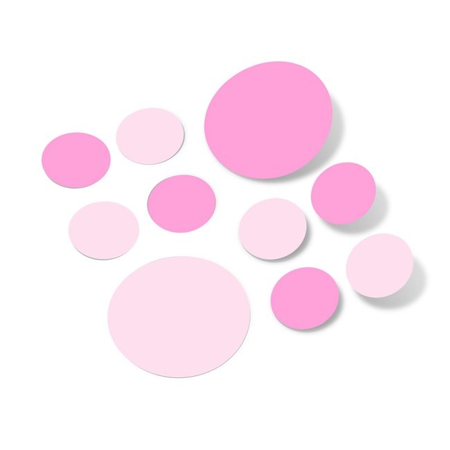 Baby pink and pink polka dot circles wall decals, vinyl stickers for nursery and decor.