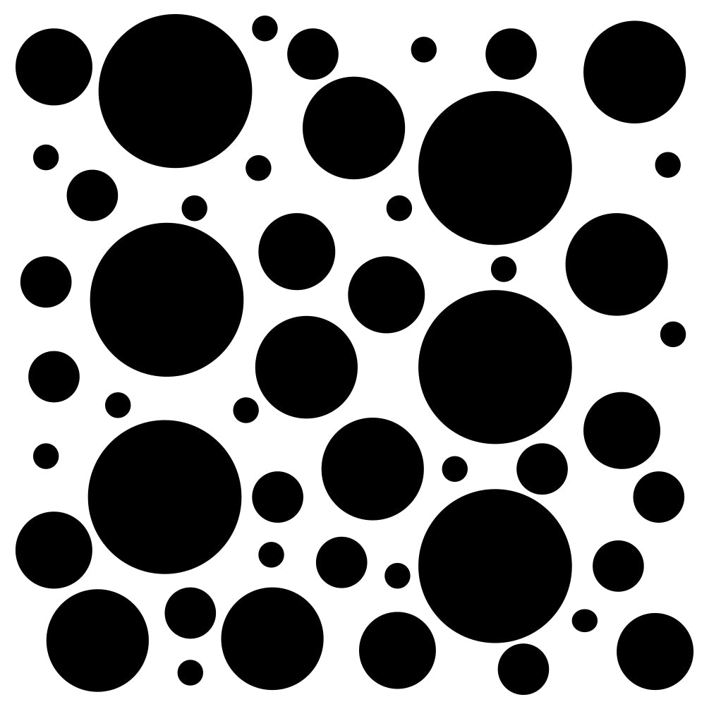 Set of 300 black polka dot circles of assorted sizes on a transparent background