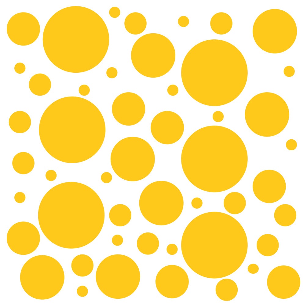 Assorted yellow polka dot pattern circles of various sizes arranged on a white background.