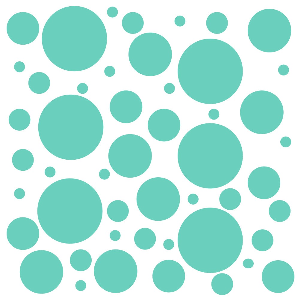 Assorted teal polka dot circles of varying sizes arranged across a white background.