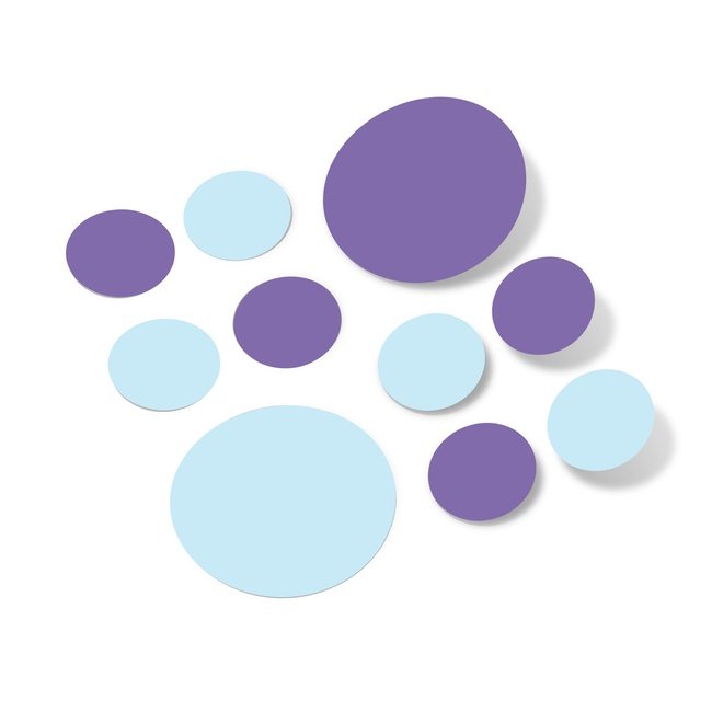 Baby blue and lavender polka dot circle wall decals made of premium vinyl with removable adhesive.