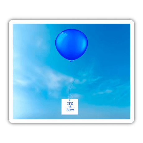 BLUE BALLOON FLOATING IN A BLUE SKY SUSPENDING IT'S A BOY SIGN