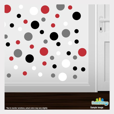 Colorful Polka Dot Circles Wall Decals - Assorted red, white, black, and grey polka dot decals displayed on a plain white wall.