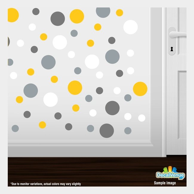 Yellow, grey, silver, and white polka dot circles wall decals on a bright background