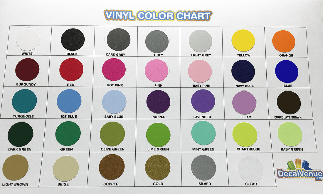 Colorful vinyl color chart showcasing various color options including black, white, gray, yellow, orange, red, pink, blue, green, and more. This image provides a comprehensive reference for selecting the desired color for vinyl applications such as wall decals, stickers, or other vinyl products.
