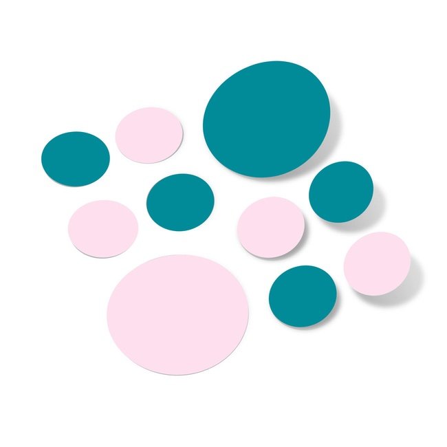 Baby pink and turquoise polka dot circle wall decals in various sizes.