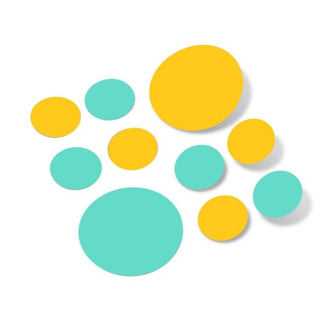 Colorful polka dot circles wall decals in yellow and mint green against a white background.