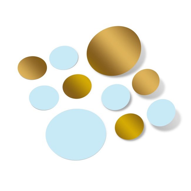 Baby blue and metallic gold polka dot circle wall decals for nurseries and home decor.