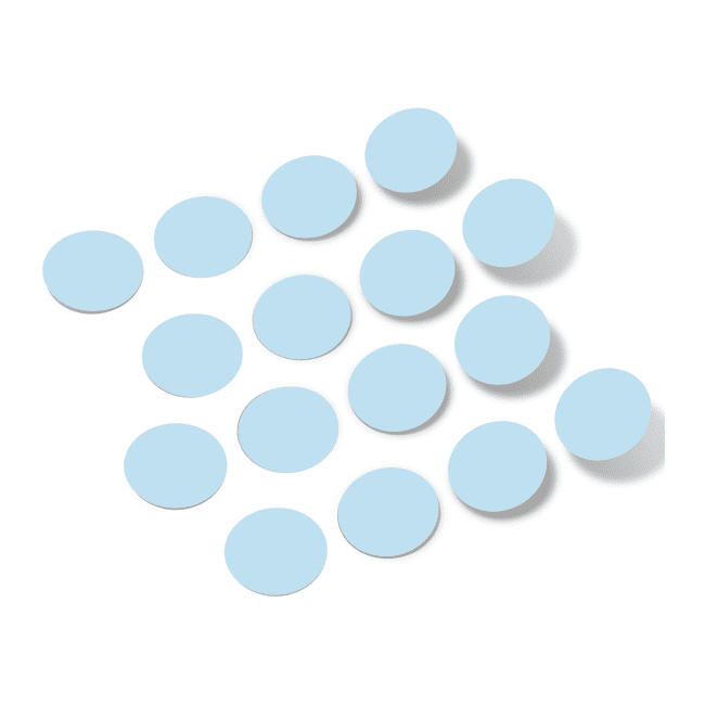 Baby blue polka dot circle wall decals scattered on a white background