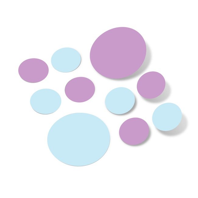 Baby blue and lilac polka dot circle wall decals in various sizes.