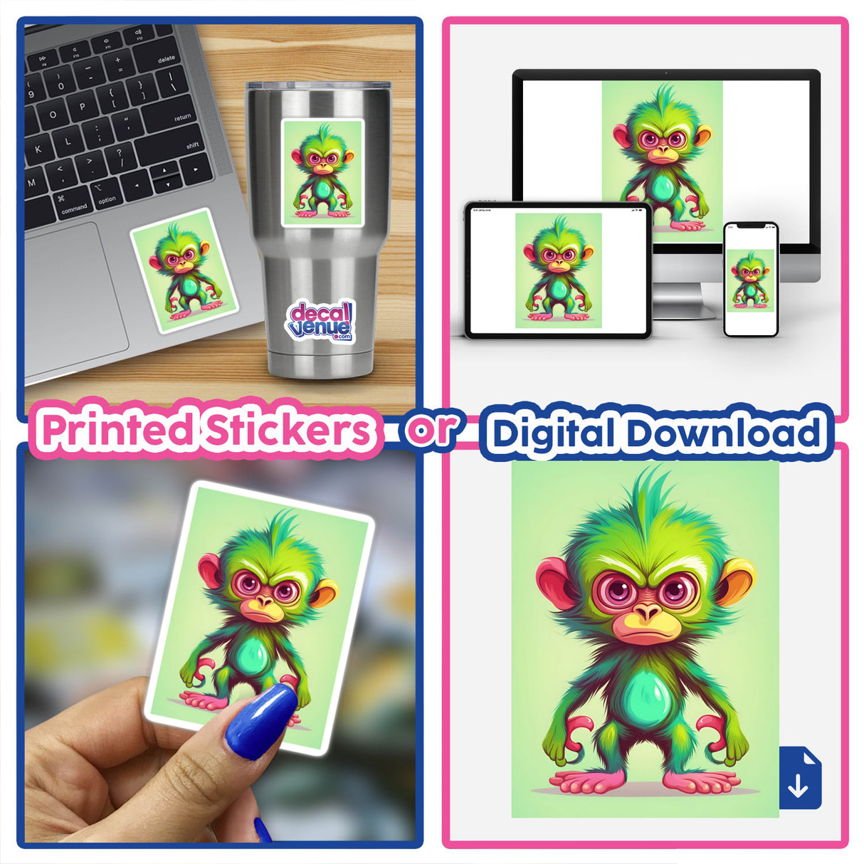 Adorable Angry Monkey - Unique digital stickers and artwork from Decal Venue featuring a colorful, expressive cartoon monkey character.