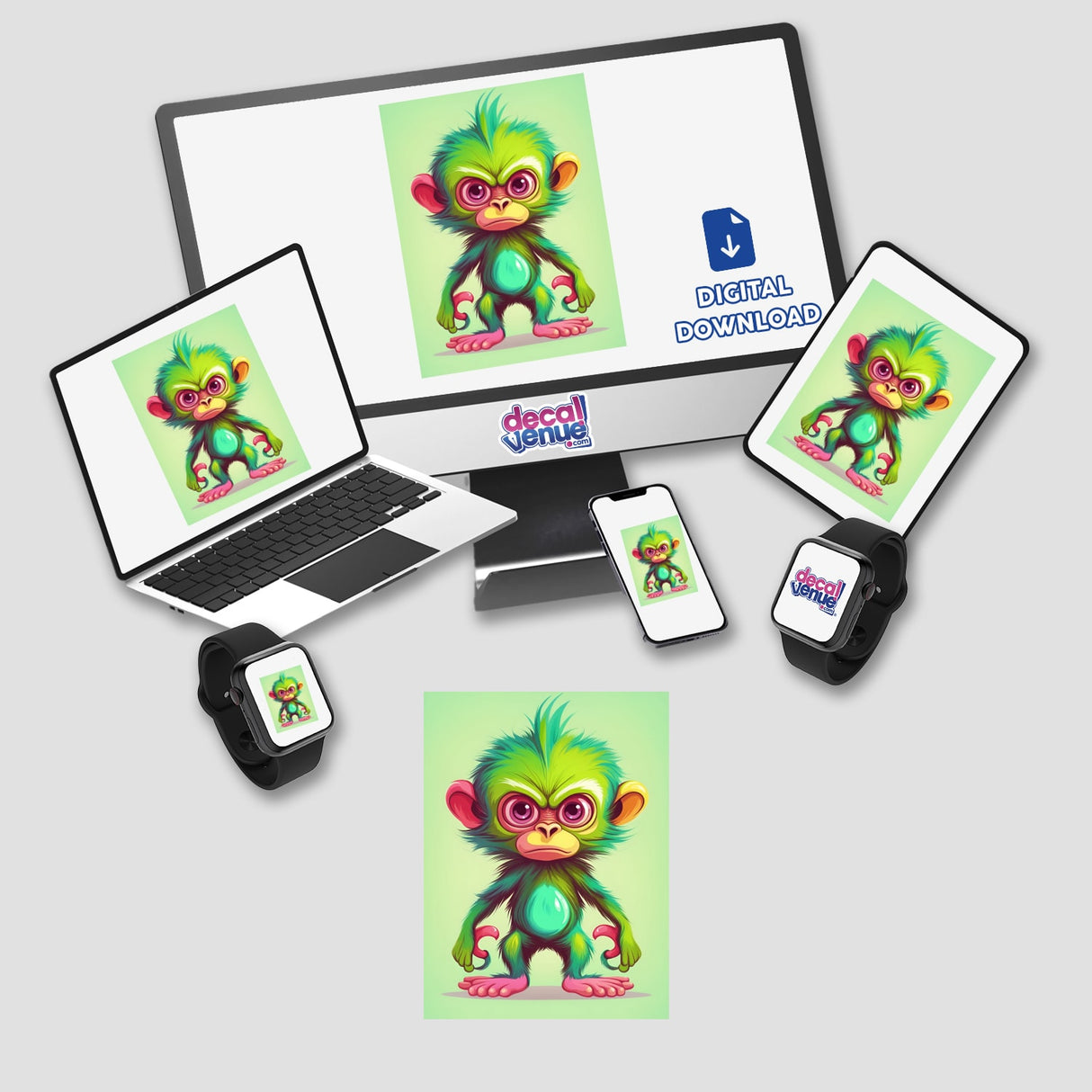 Colorful digital artwork of an adorable angry monkey character displayed on various digital devices, including a laptop, smartphone, and smartwatch.