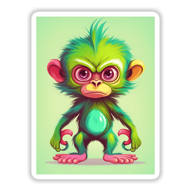 Colorful cartoon character of an angry monkey with vibrant green, yellow, and red fur, large expressive eyes, and a playful expression.