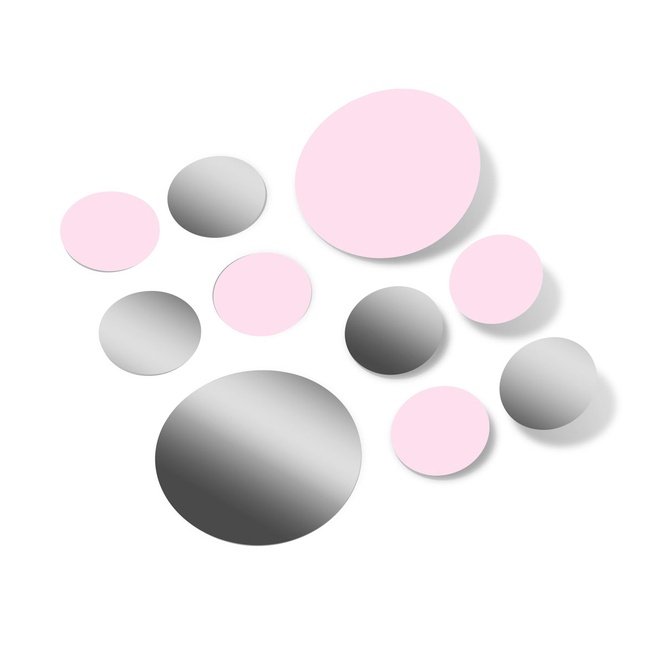 Baby pink and metallic silver polka dot wall decals in varying circle sizes, ideal for DIY decor.