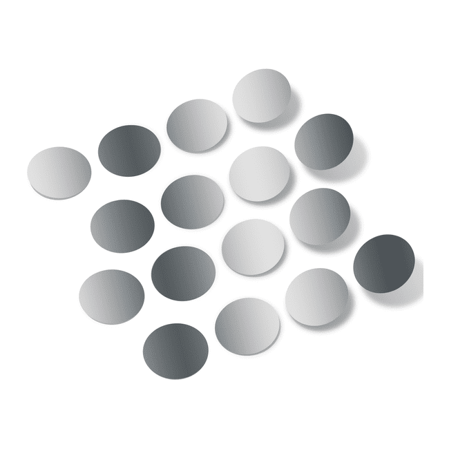 Metallic silver polka dot circles wall decals, various sized circular shapes in gray and white tones, decorative vinyl wall art