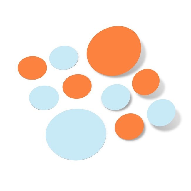 Baby blue and orange polka dot circle wall decals for nursery and home decor.