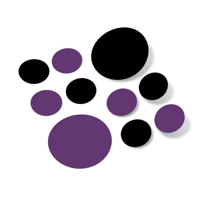 Black and purple polka dot circles wall decals, premium vinyl, removable adhesive, set of various sizes, matte finish.