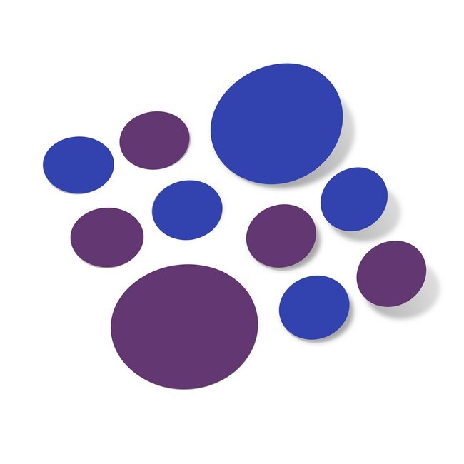 Blue and purple polka dot circle wall decals made of premium vinyl.