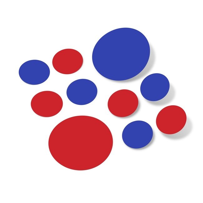 Blue and red polka dot wall decals in various sizes, made of vinyl for decorating walls.