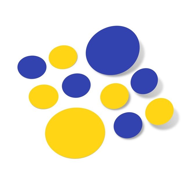 Blue and yellow polka dot circles wall decals for home decor and crafts.