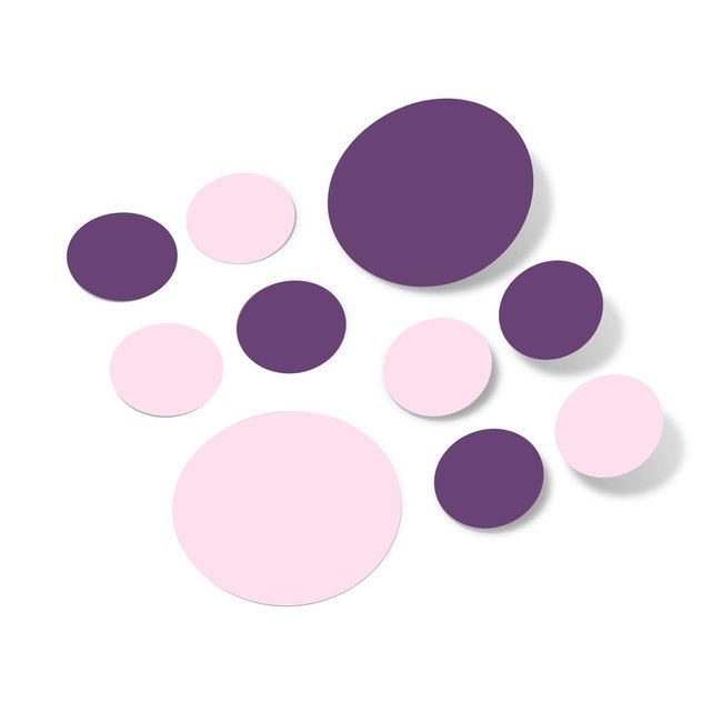 Baby pink and purple polka dot circles wall decals, vinyl material, easy peel and stick.