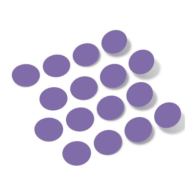 Lavender polka dot circles wall decals in various sizes arranged on a white background.