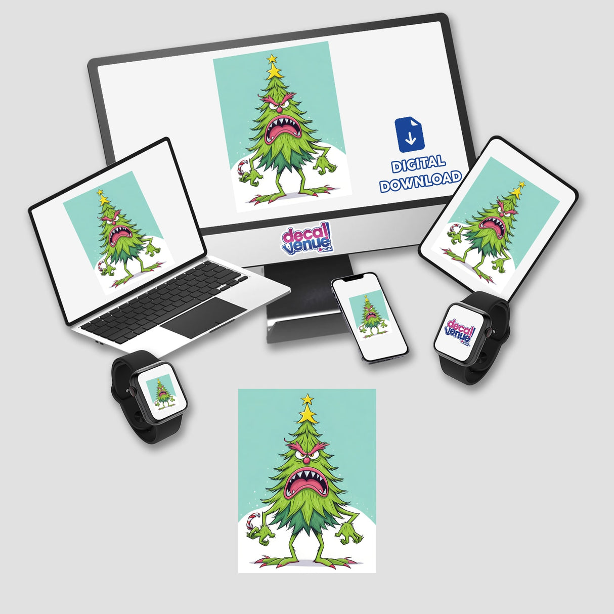 Adorable angry Christmas tree digital artwork displayed across various devices, including a desktop computer, laptop, tablet, smartphone, and smartwatch, all showcasing the Decal Venue brand.