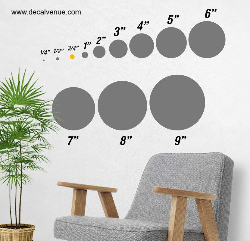 Polka dot circles of various sizes shown in the image, presented by the Decal Venue online store. The wall decals can be used to create a stylish, customizable wall design. The product image features a plant and furniture for context, highlighting how the polka dot wall decals can be incorporated into a home decor setting.