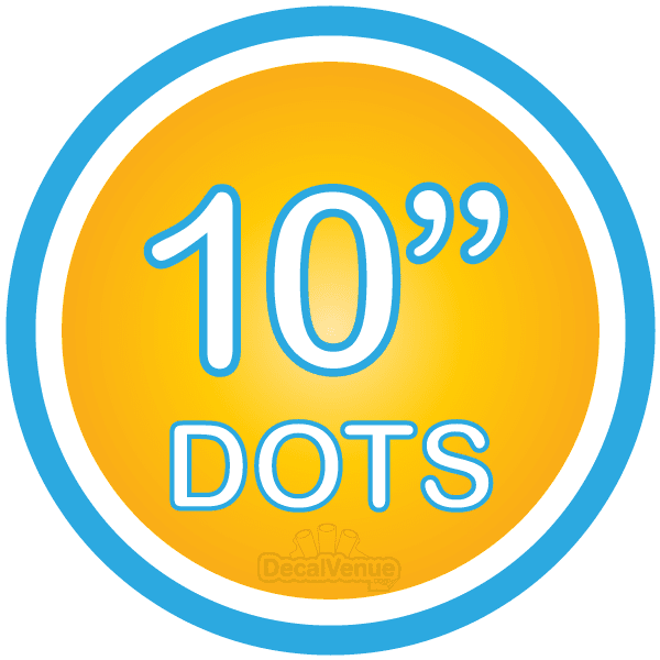 Colorful circular image with "10'' DOTS" text and Decal Venue logo, showcasing a polka dot pattern product.