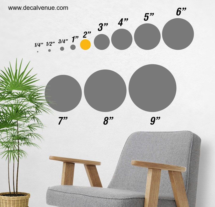 2 inch Polka Dot Circles Wall Decals from Decal Venue, available in various sizes, displayed against a white background with a plant and furniture in the image.