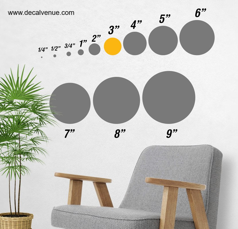 3 inch Polka Dot Circles Wall Decals on a gray background with size references, showcased in a home interior setting with a plant and furniture.
