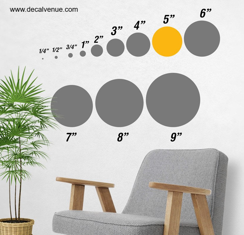 5 inch Polka Dot Circles Wall Decals from Decal Venue, featuring a variety of gray and yellow polka dot size options, displayed alongside a wooden chair in a minimalist room setting.