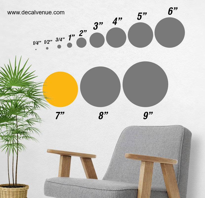 7-inch polka dot circle wall decals available in various sizes, displayed on a white background alongside a potted plant and two wooden benches.