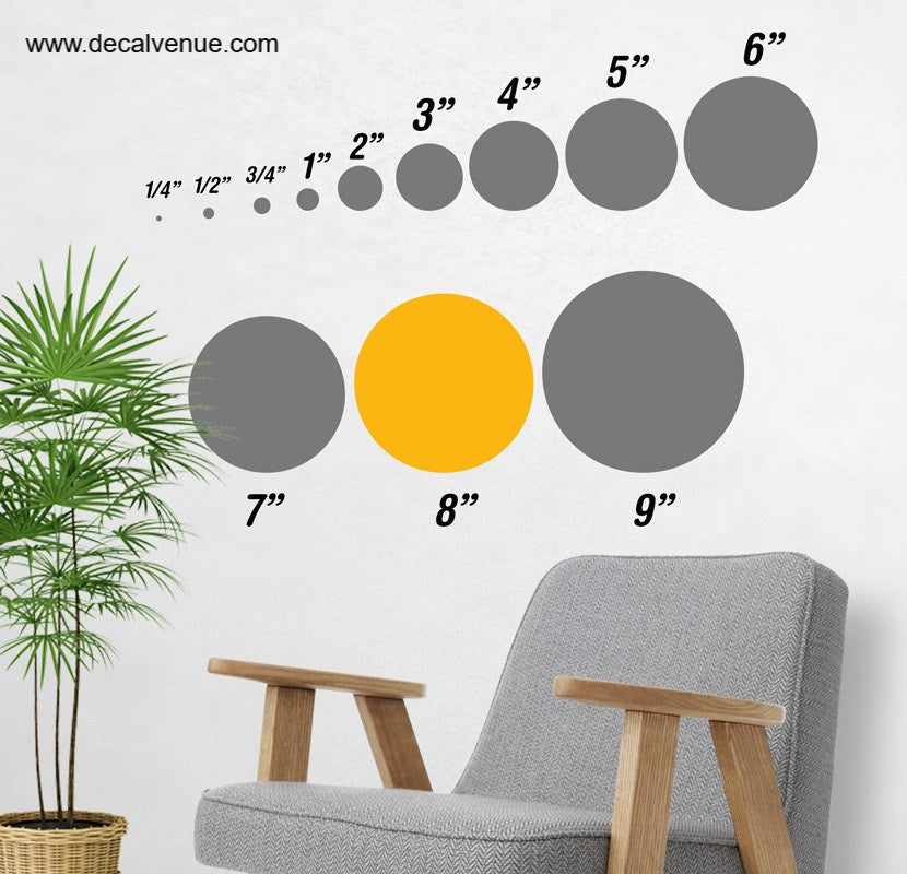 8 inch Polka Dot Circles Wall Decals featuring various sized gray circles arranged in a creative layout, set against a white background and displayed alongside a potted plant and a grey armchair.