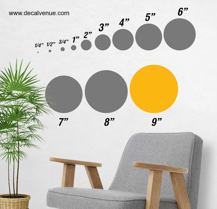 9-inch polka dot circles wall decals displayed on a white background with a plant and furniture in the image.