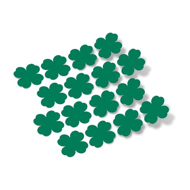 Green shamrock-shaped vinyl wall decals scattered on a white background.