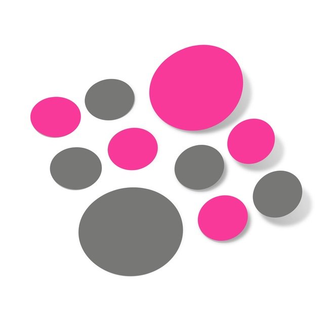 Hot pink and grey polka dot circles wall decals on white background.