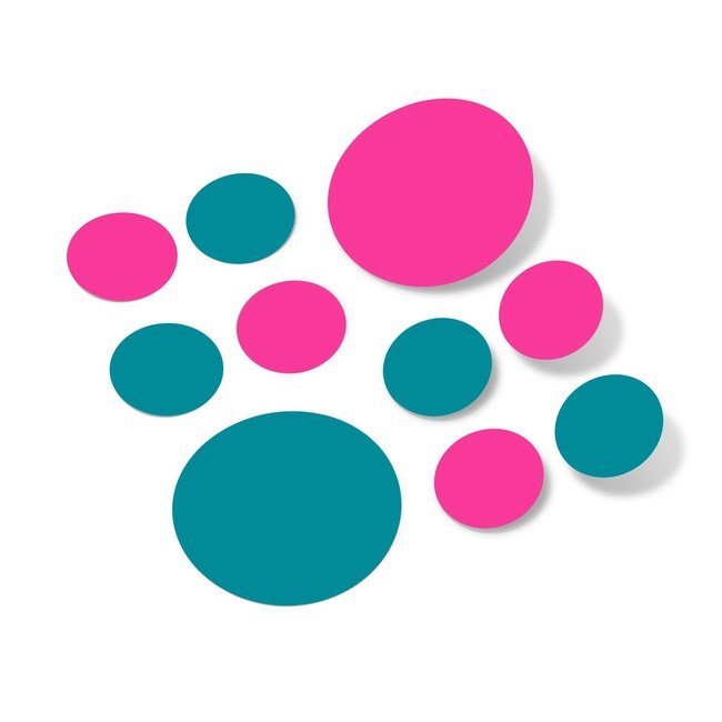 Hot pink and turquoise polka dot circle wall decals set.