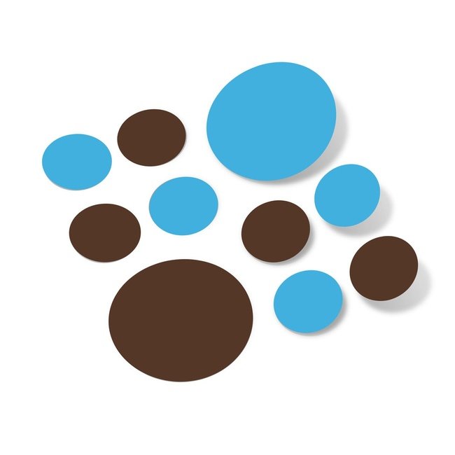 Chocolate Brown and Ice Blue Polka Dot Circles Wall Decals on white background.