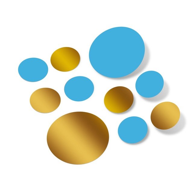 Ice blue and metallic gold polka dot circle wall decals on white background.