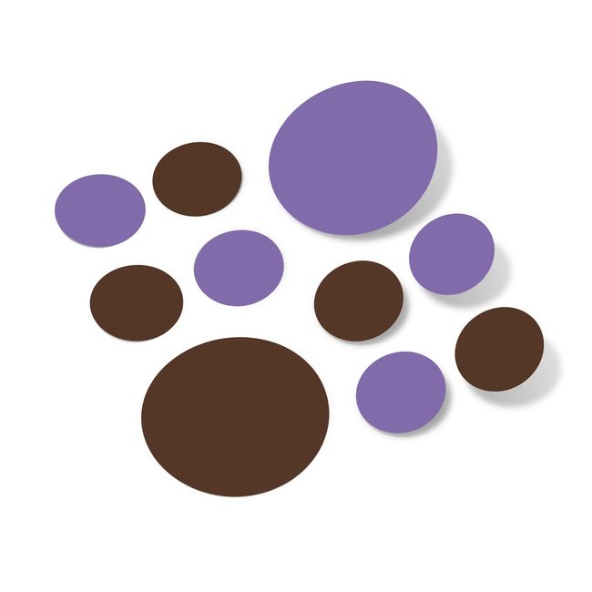 Chocolate brown and lavender polka dot circles wall decals on white background.