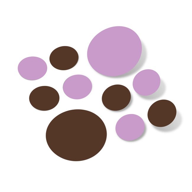 Chocolate brown and lilac polka dot circles wall decals on white background.