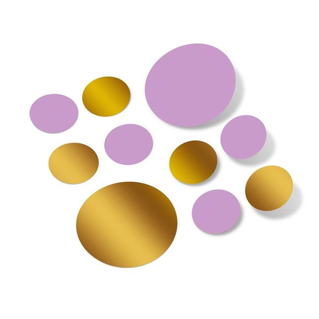 Lilac and metallic gold polka dot circle wall decals in various sizes.