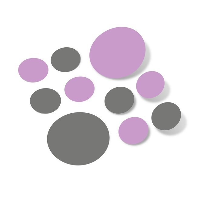 Grey and lilac polka dot circles wall decals for nursery or home decor.