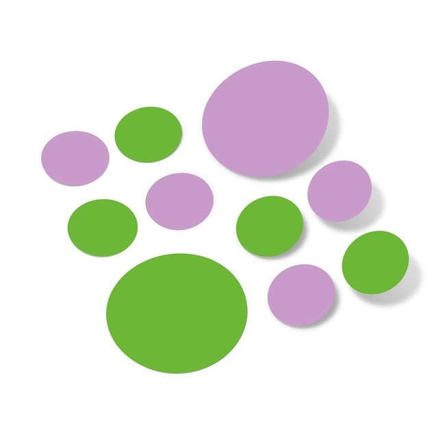 Lime and lilac polka dot wall decals in various sizes.