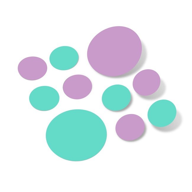 Lilac and mint green polka dot circle wall decals, vinyl stickers, easy peel and stick.