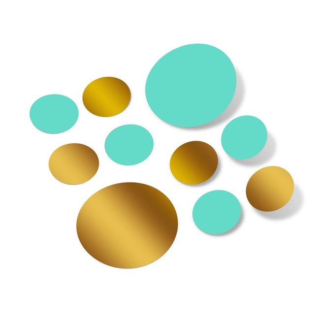 Metallic gold and mint green polka dot wall decals in various sizes on a white background.