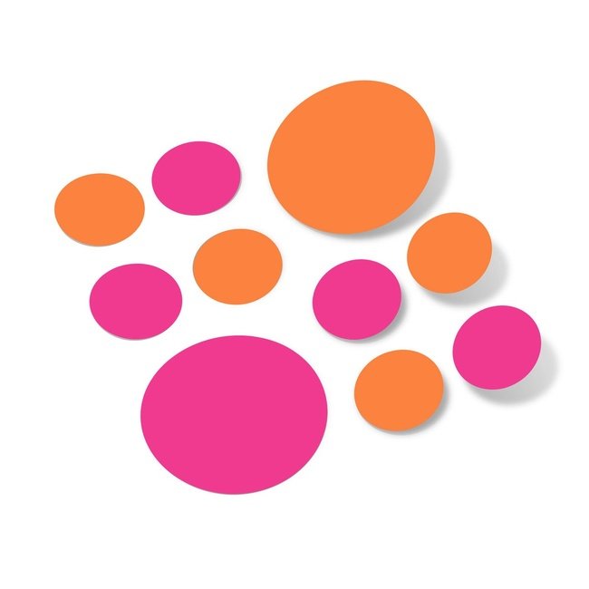 Hot pink and orange polka dot wall decals in various sizes.