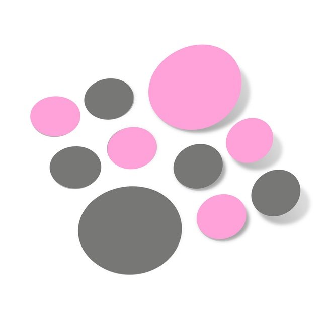 Grey and pink polka dot circles wall decals, vinyl stickers for home decor.