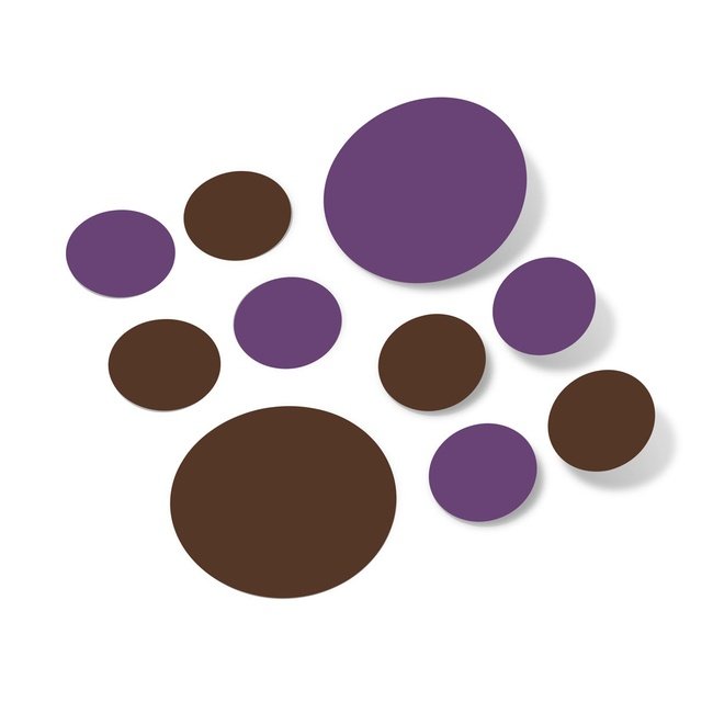 Chocolate brown and purple polka dot circle wall decals on white background.